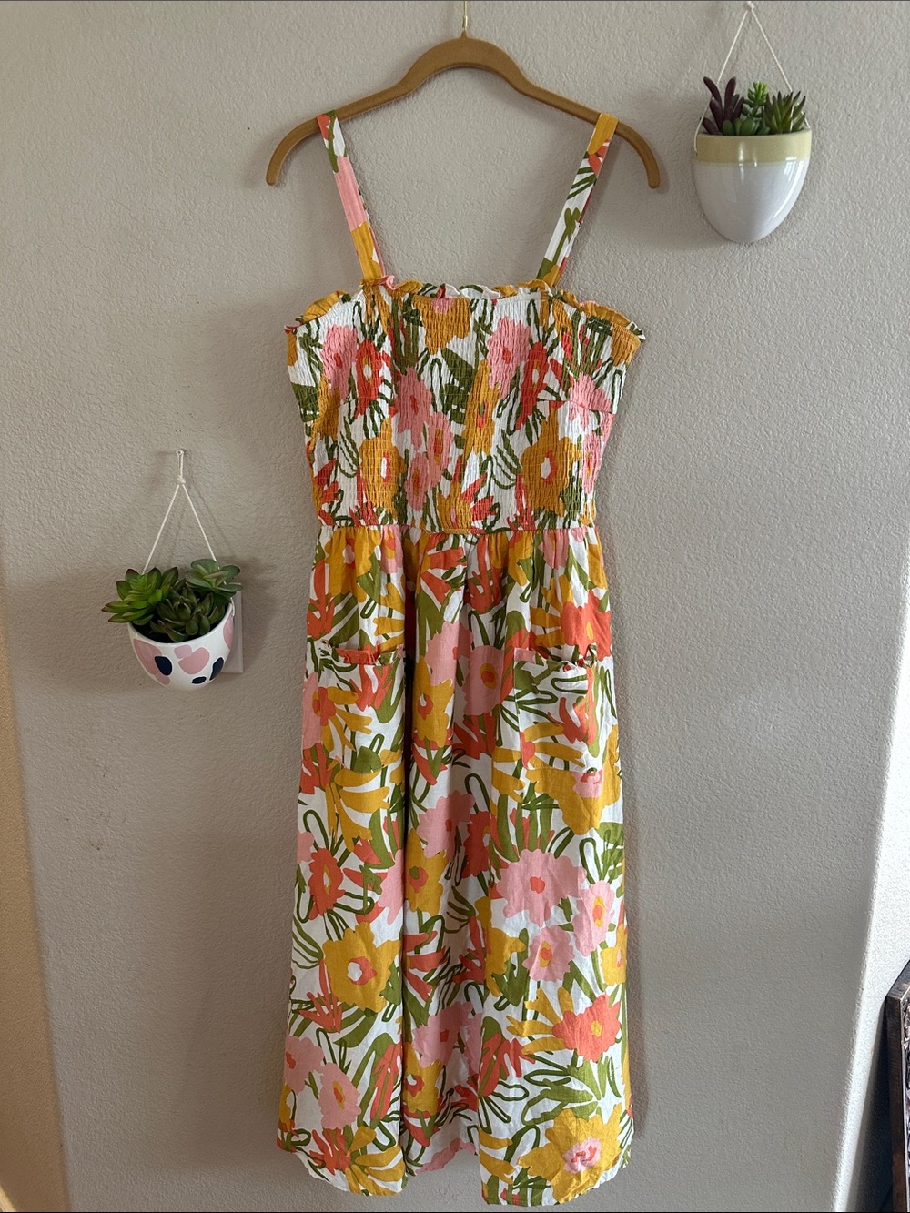Pretty Garden Mod Vintage Floral Smocked Ruffle Maxi Dress Large